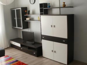 sypialnia z czarno-białą szafką i telewizorem w obiekcie Apartmán Abertamy Krušné hory w mieście Abertamy