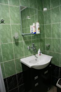 uma casa de banho com um lavatório e uma parede em azulejo verde em Yellow House em Smolyan