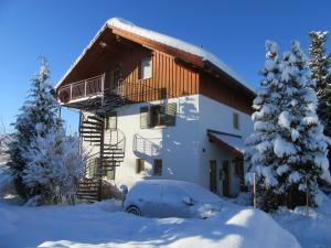 ein schneebedecktes Haus mit einem Auto davor in der Unterkunft Ferienwohnung Sandra Wetzel in Waltenhofen