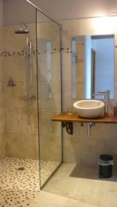 a bathroom with a shower, sink, and toilet at Chateau de la Vieille Chapelle in Lugon et l’Ile du Carney