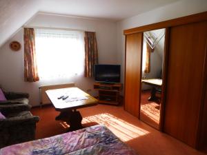 a living room with a mirror and a television at Ferienwohnung am Borgwallsee in Steinhagen