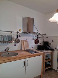 uma cozinha com um lavatório e uma bancada em 2-Zimmerapartment mit Südloggia em Leipzig