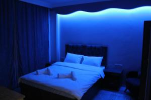 イスタンブールにあるレイズ オテルのベッドルーム1室(青い照明付きのベッド1台付)
