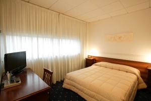 チェゼーナにあるHotel Alexanderのベッド、デスク、テレビが備わるホテルルームです。