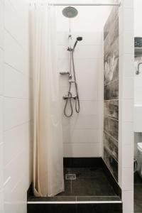 ブダペストにあるND 18 Apartmentsのバスルーム(シャワー、シャワーカーテン付)が備わります。