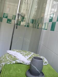 a bathroom with a shower with a vase on a table at Charme a Cervinia Downtown Ski in-Ski out in Breuil-Cervinia