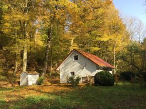 a small white house with a red roof in the woods at "das Waldhaus" in Bad Lauterberg