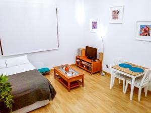 uma sala de estar com uma cama, uma mesa e uma televisão em Pool and garage old town em Málaga