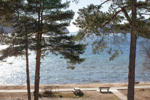 un banco frente a un lago con árboles en Rosfjord Strandhotel, en Lyngdal