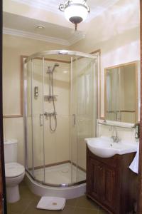 een badkamer met een douche, een wastafel en een toilet bij Hotel Sulisław in Sulisław