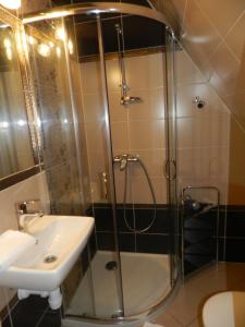 uma casa de banho com um chuveiro e um lavatório. em Apartamenty Na Polanie em Witów