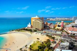 an aerial view of a beach and the ocean at Vessel Hotel Campana Okinawa in Chatan