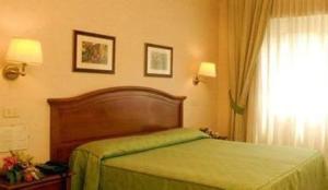 a bedroom with a green bed and a window at Hotel San Pietro in Rome