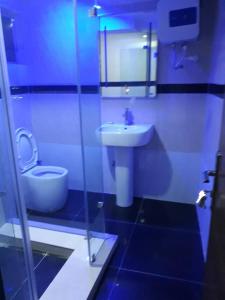 a blue bathroom with a toilet and a sink at Presken Hotel (Awolowo way) in Ikeja