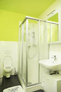 a bathroom with a shower and a toilet and a sink at Charlotte Flat Heidelberg in Dossenheim