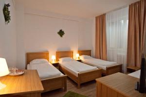 a hotel room with two beds and a table at Pension Club Montana in Campina +102 photos