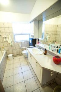 uma casa de banho com um lavatório e um espelho em Eiði Farmhouse em Grundarfjordur