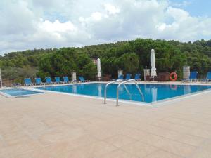 a large swimming pool with blue chairs and trees at Skiathos Diamond in Kolios