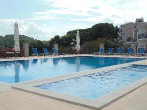 ein großer Pool mit Stühlen und Sonnenschirmen in der Unterkunft Skiathos Diamond in Kolios