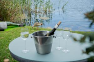 a bird standing on a table with a bottle of wine at Serendipity Country House & Restaurant in Wilderness