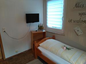 a bedroom with a bed and a tv and a window at Pension und Restaurant Reck in Aulendorf