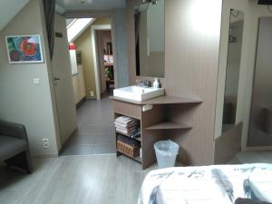 un bagno con lavandino e specchio di B&B Tlekkerbeddeke a Rumst