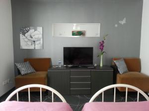 - un salon avec deux chaises et une télévision dans l'établissement Chambres D'Hôtes Le Domaine de la Marnière, à Villainville