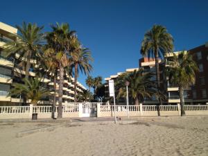 カンブリルスにあるApartamento Sol de Españaのヤシの木と白い柵のある浜