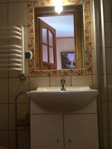 a bathroom with a sink and a mirror at Pokoje U Eli in Brzegi