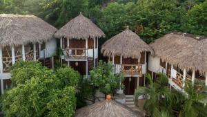 a group of huts with thatched roofs and trees at Cabañas Biuzaa in Zipolite