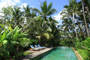 una piscina resort con tumbonas y palmeras en Swarapadi Villa en Ubud