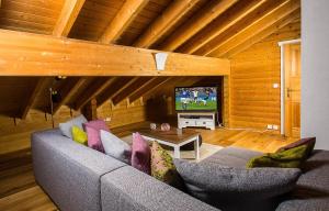 a living room with a couch and a tv at Chalet am Bach in Bad Birnbach