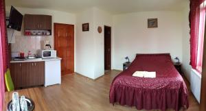 シビウにあるFloare de Colțのベッドとキッチン付きの小さな部屋