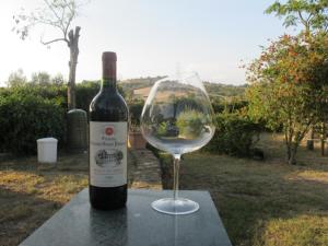 a bottle of wine sitting next to a wine glass at Residenza D'Epoca Le Pisanelle in Manciano