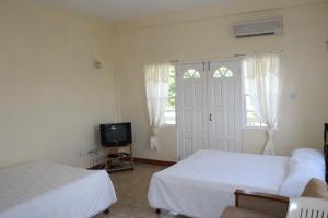 1 dormitorio con 2 camas, TV y ventana en The Relax Inn en Saint George