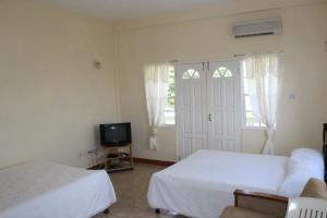 1 dormitorio con 2 camas, TV y ventana en The Relax Inn, en Saint George