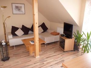 a living room with a couch and a tv at Ferienwohnungen an der Obermaintherme in Bad Staffelstein