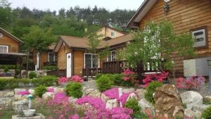 un jardín con flores rosas frente a una casa en Oraview Pension, en Jeongseon