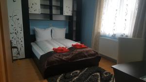 een slaapkamer met een bed met rode schoenen erop bij Family Pension in Arad