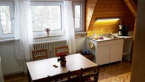 eine Küche mit einem Tisch, einem Waschbecken und 2 Fenstern in der Unterkunft Villa Goldbrunnen Ferienwohnung 3 in Bad Elster