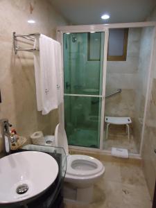 a bathroom with a shower and a toilet and a sink at Hotel Porto Allegro Puerto Vallarta in Puerto Vallarta +33 photos
