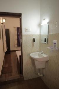 a bathroom with a sink and a mirror at Vretreat in Kokkānisseri