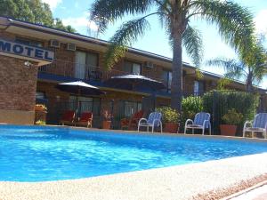 a hotel with a swimming pool with chairs and umbrellas at Bridge View Motel in Gorokan