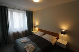 a hotel room with a bed and a window at Słoneczny apartament przy promenadzie in Świnoujście