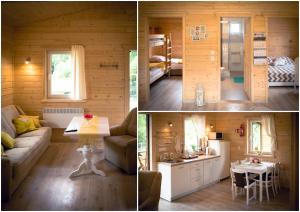 twee foto's van een tiny house met een keuken en een woonkamer bij Domek nad jeziorem/Seehaus 3 (Sławno/Łętowo) in Łętowo