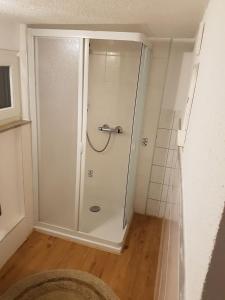 a shower with a glass door in a bathroom at Schöne, private Wohnungen in Aalen