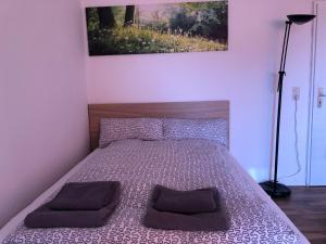a bedroom with a bed with two pillows on it at Appartement Redhouse in Regensburg