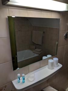 een badkamer met een wastafel, een bad en een spiegel bij Hotel Sonne29 in Ebermannstadt