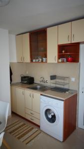 eine Küche mit Waschmaschine und Spüle in der Unterkunft Apartament Bogoridi in Burgas City