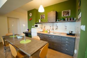 尼什的住宿－Sweet Apartments and Rooms，厨房设有木桌和绿色的墙壁。